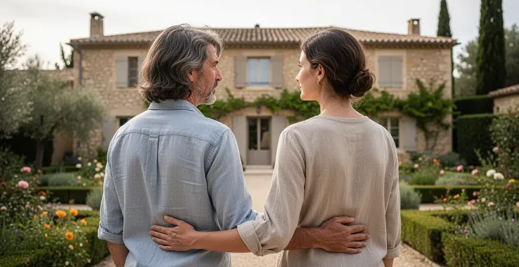 Agent immobilier et client discutant devant une bastide provençale de prestige