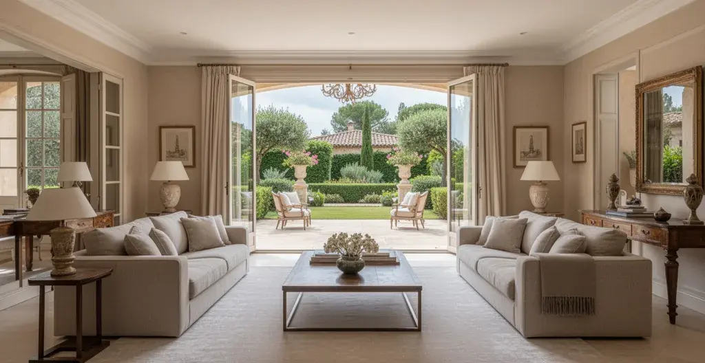 Intérieur lumineux d'une propriété de luxe avec baies vitrées ouvrant sur un jardin méditerranéen