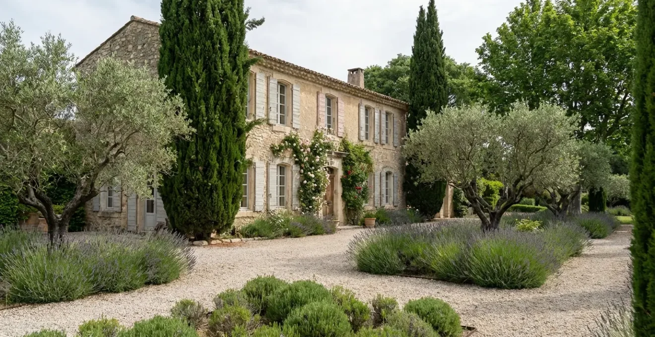 Façade d'une bastide provençale de prestige avec jardin méditerranéen et cyprès