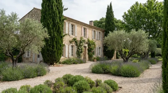 Façade d'une bastide provençale de prestige avec jardin méditerranéen et cyprès
