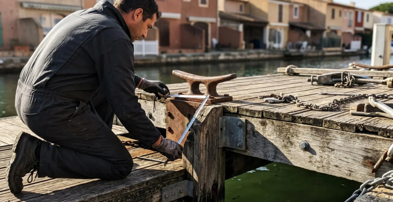 Technicien de maintenance inspectant un ponton en bois dans les canaux de Port Grimaud