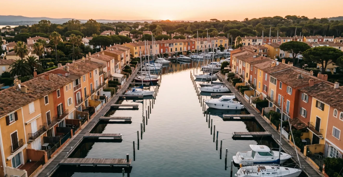 Vue aérienne d'un canal de Port Grimaud au lever du soleil montrant des maisons de pêcheur colorées avec pontons privatifs et bateaux amarrés