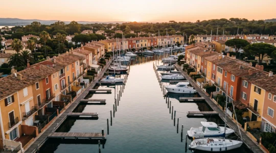 Vue aérienne d'un canal de Port Grimaud au lever du soleil montrant des maisons de pêcheur colorées avec pontons privatifs et bateaux amarrés
