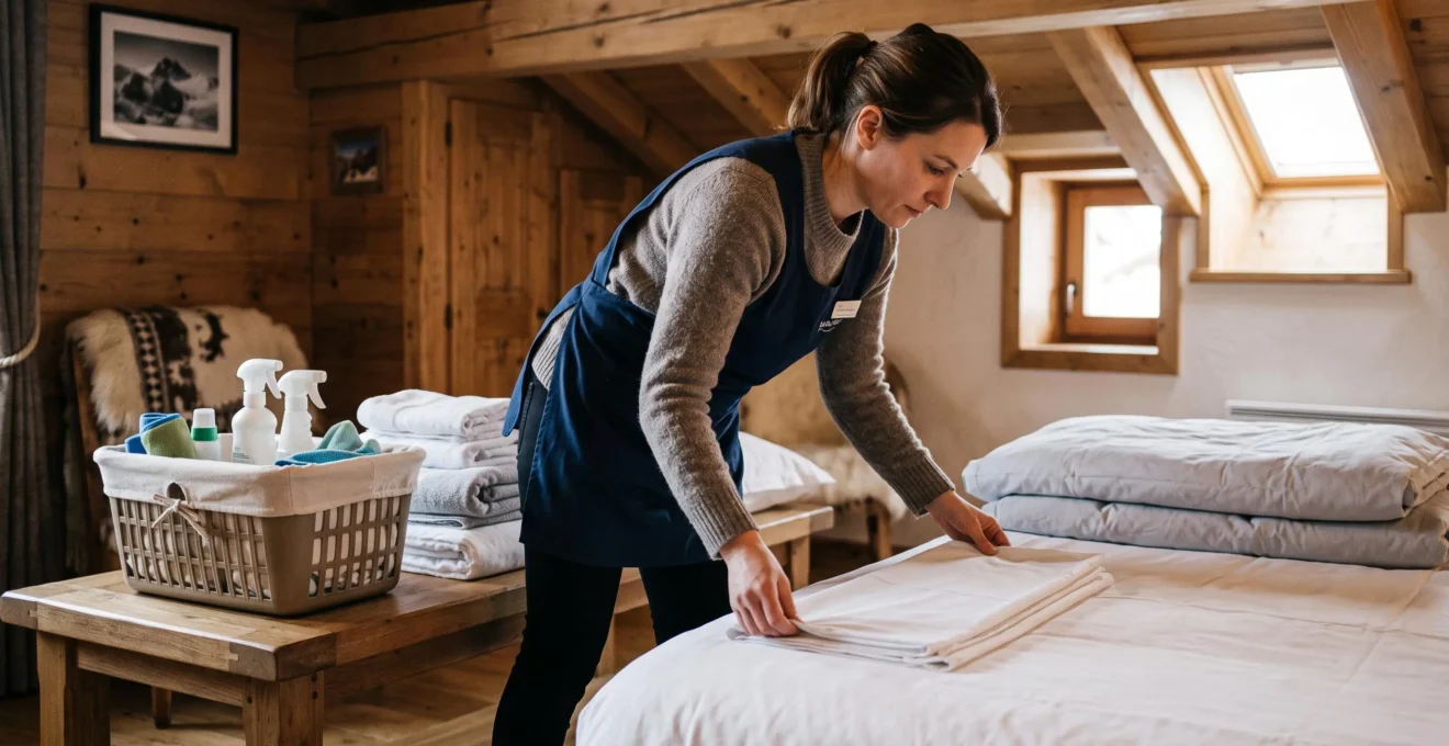 Agent de conciergerie préparant la chambre d'un chalet entre deux locations saisonnières.