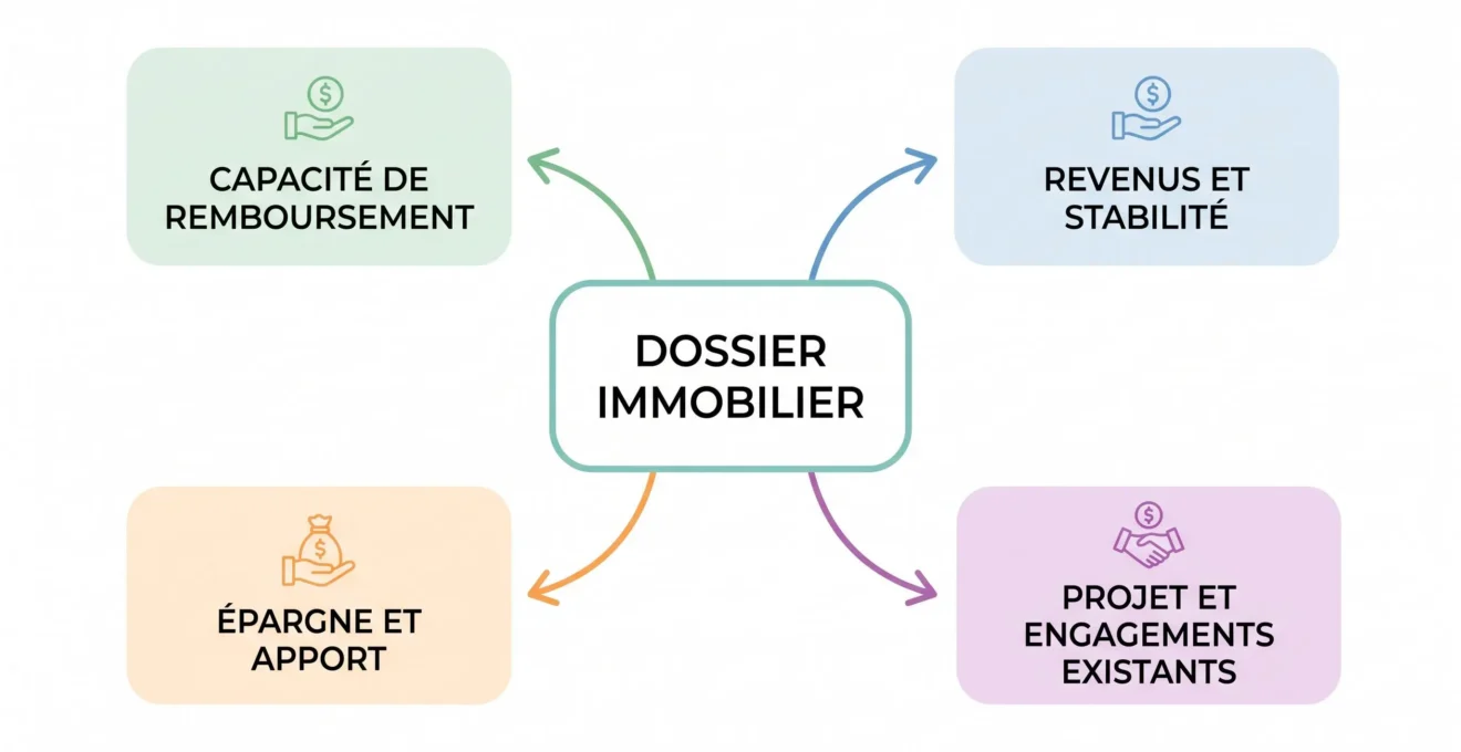 Schéma des principaux éléments analysés dans un dossier de crédit immobilier