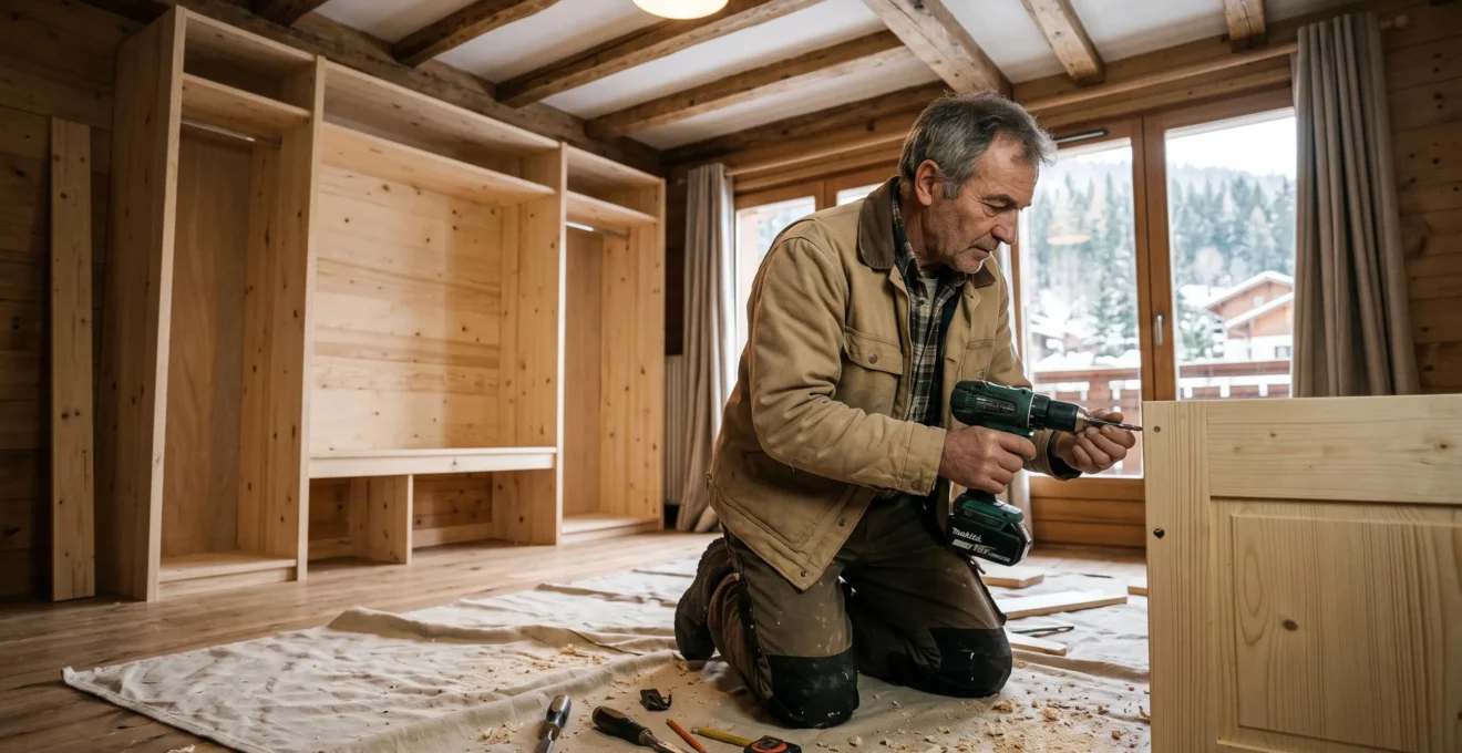 Menuisier installant un placard en bois sur mesure dans un appartement de montagne en rénovation.