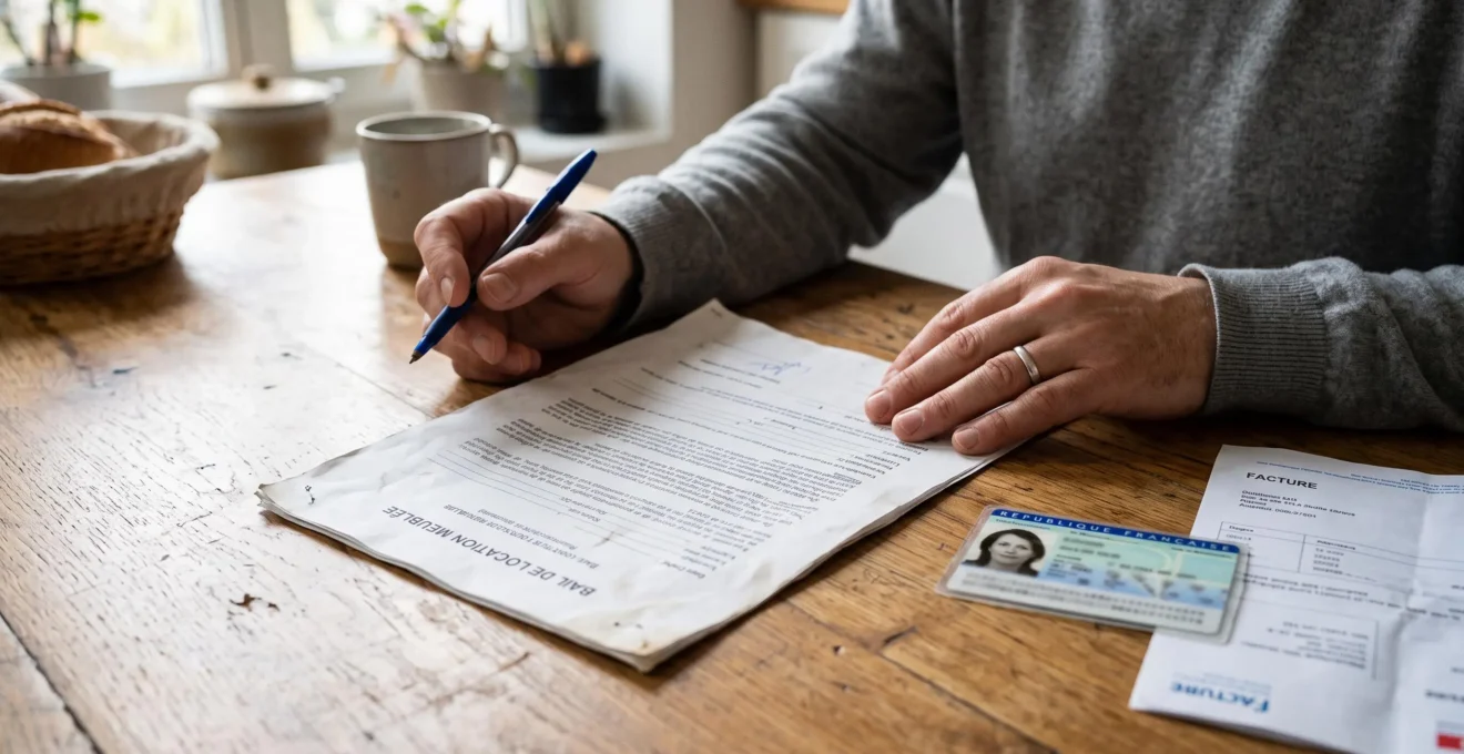 Des mains relisent un bail de location meublée posé sur une table.