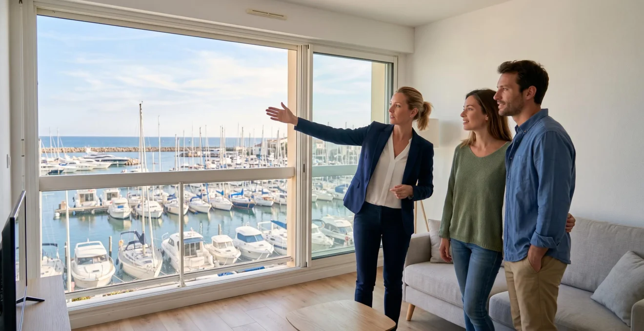 Une agente montre à un couple un appartement avec vue sur la marina.